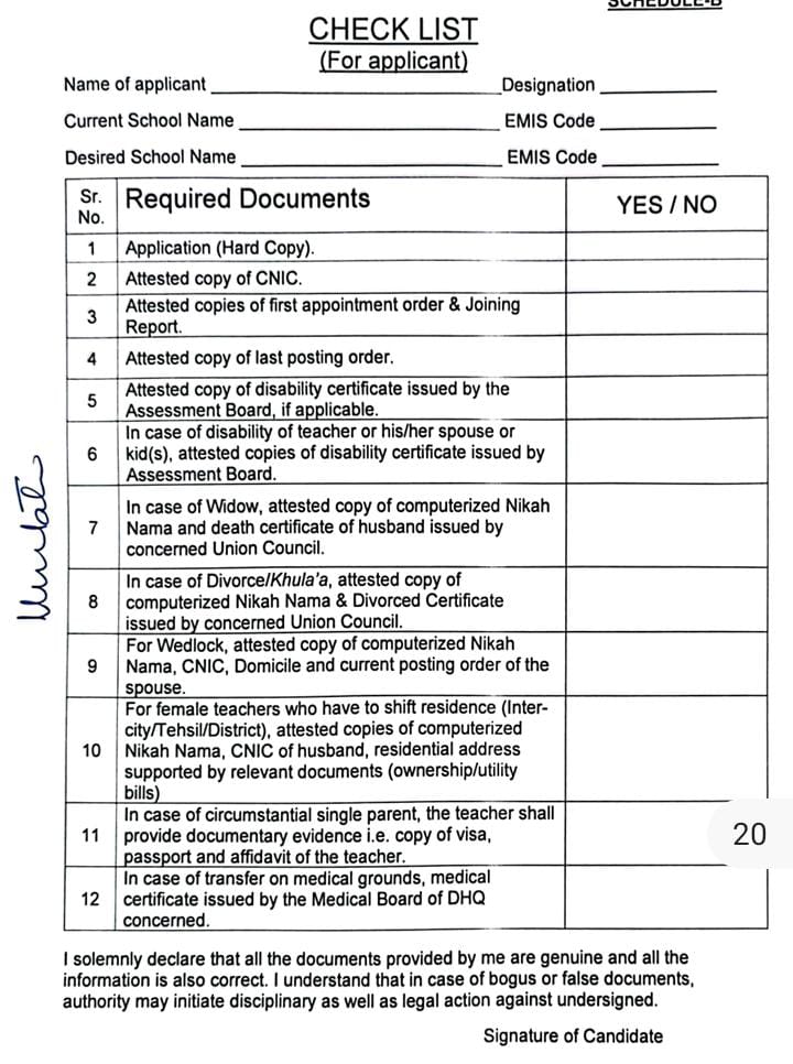 Check list for Hardship Transfer school education department